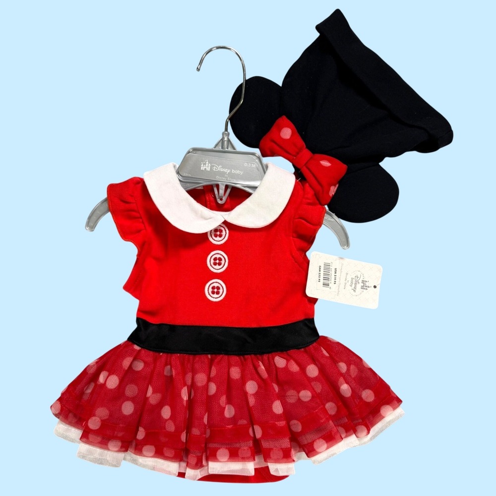 Disney Store Minnie Mouse Baby Costume Dress Hat Set 0-3M NWT Organic Cotton